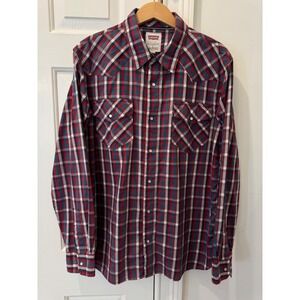 Levis Mens Modern Fit Western Plaid Pearl Snap Long Sleeve Shirt Red Blue Large